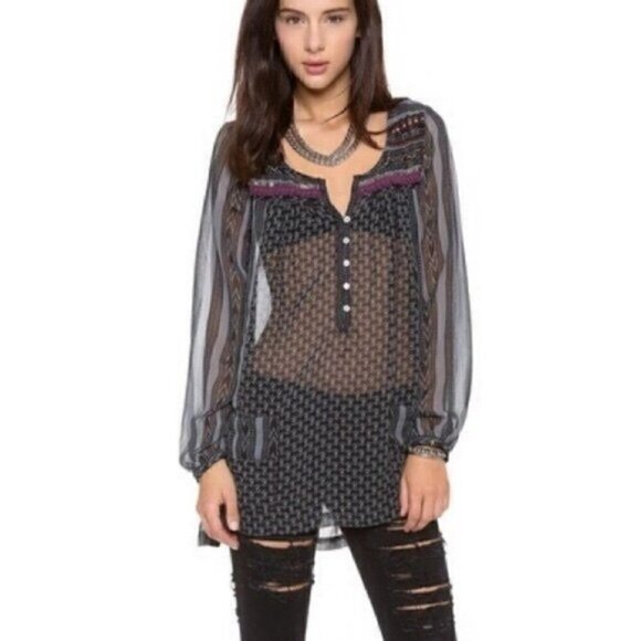 free people Top S Feather in Wind Embellished Sheer Printed Embroidery Sequin - Picture 1 of 13